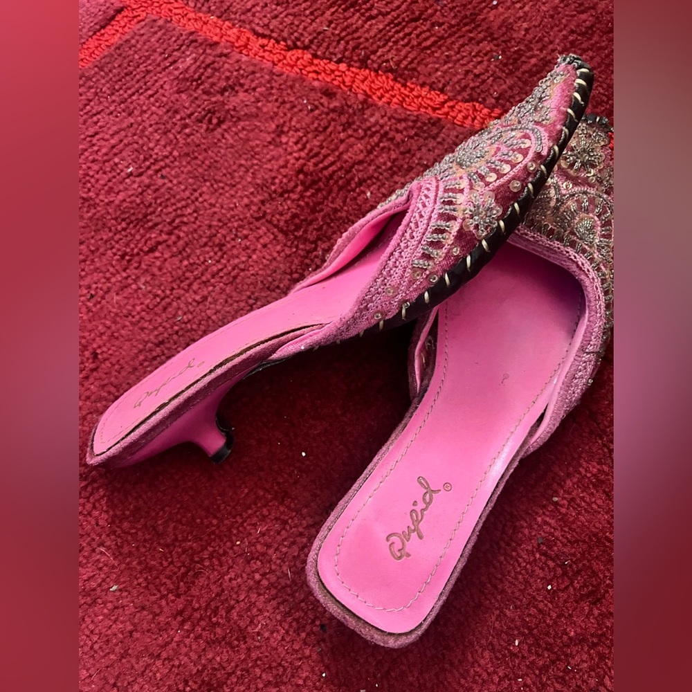 Pink boho Indian kitten heel mules